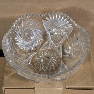 Vintage Hobstar Lead Crystal 8" Round Sawtooth Cut Glass Bowl